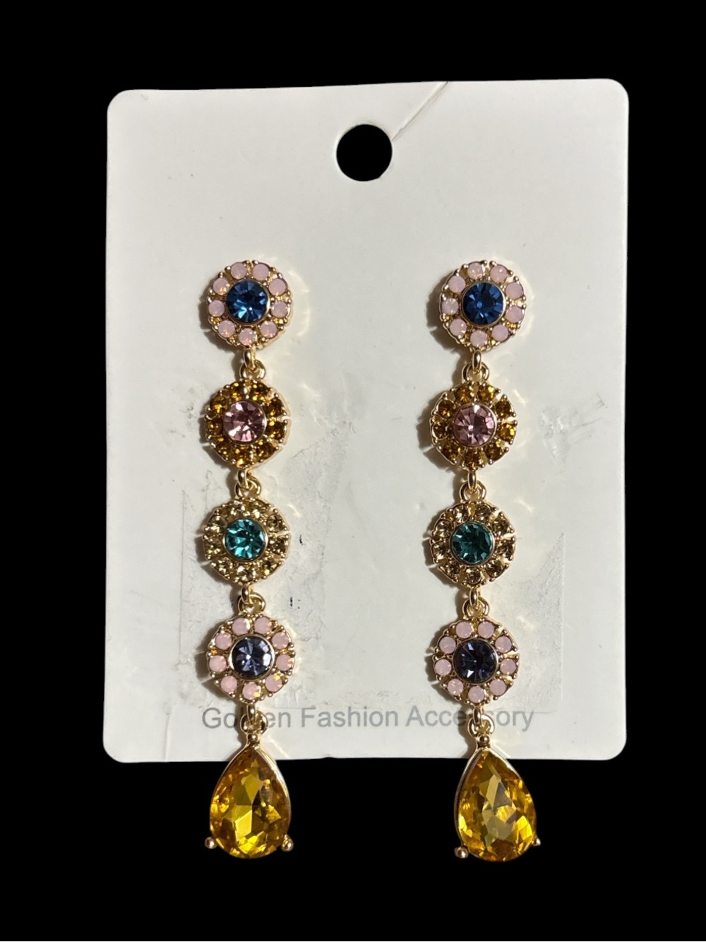 Gold-Tone Multicolor Crystal Drop Earrings - Pink, Blue, Teal, Yellow